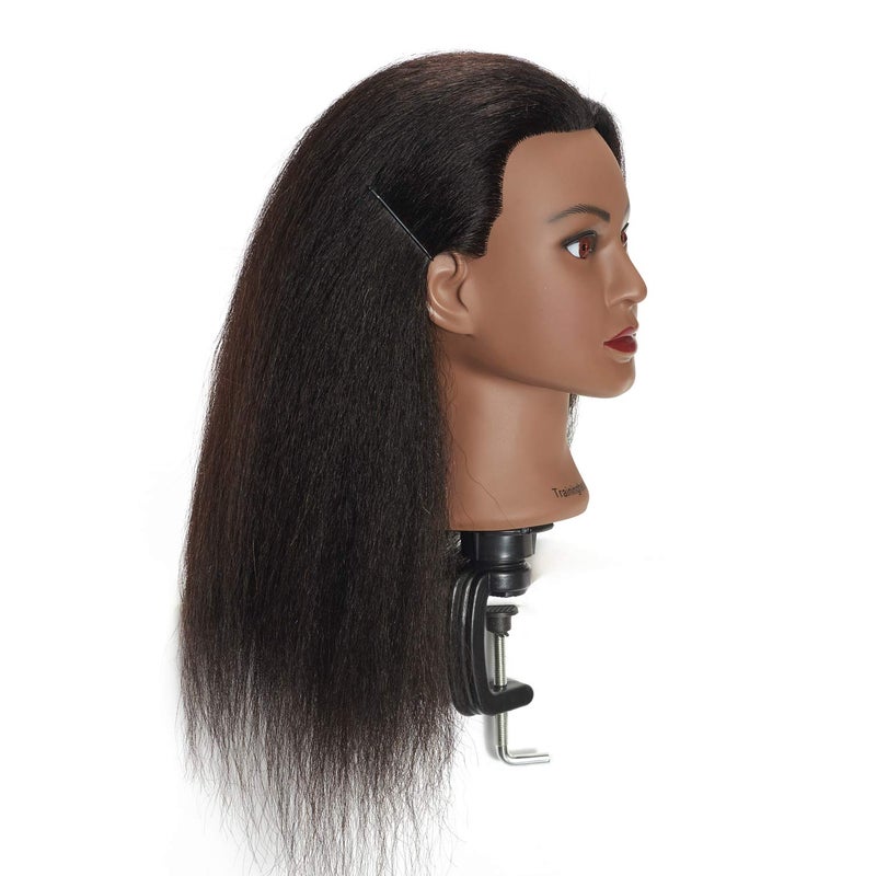 training head Traininghead 100% Real Hair Mannequin Head Training Head Cosmetology Doll Head Manikin Practice Head Hairdresser With Free Clamp Holder Female (Black Hair A) - Image 5